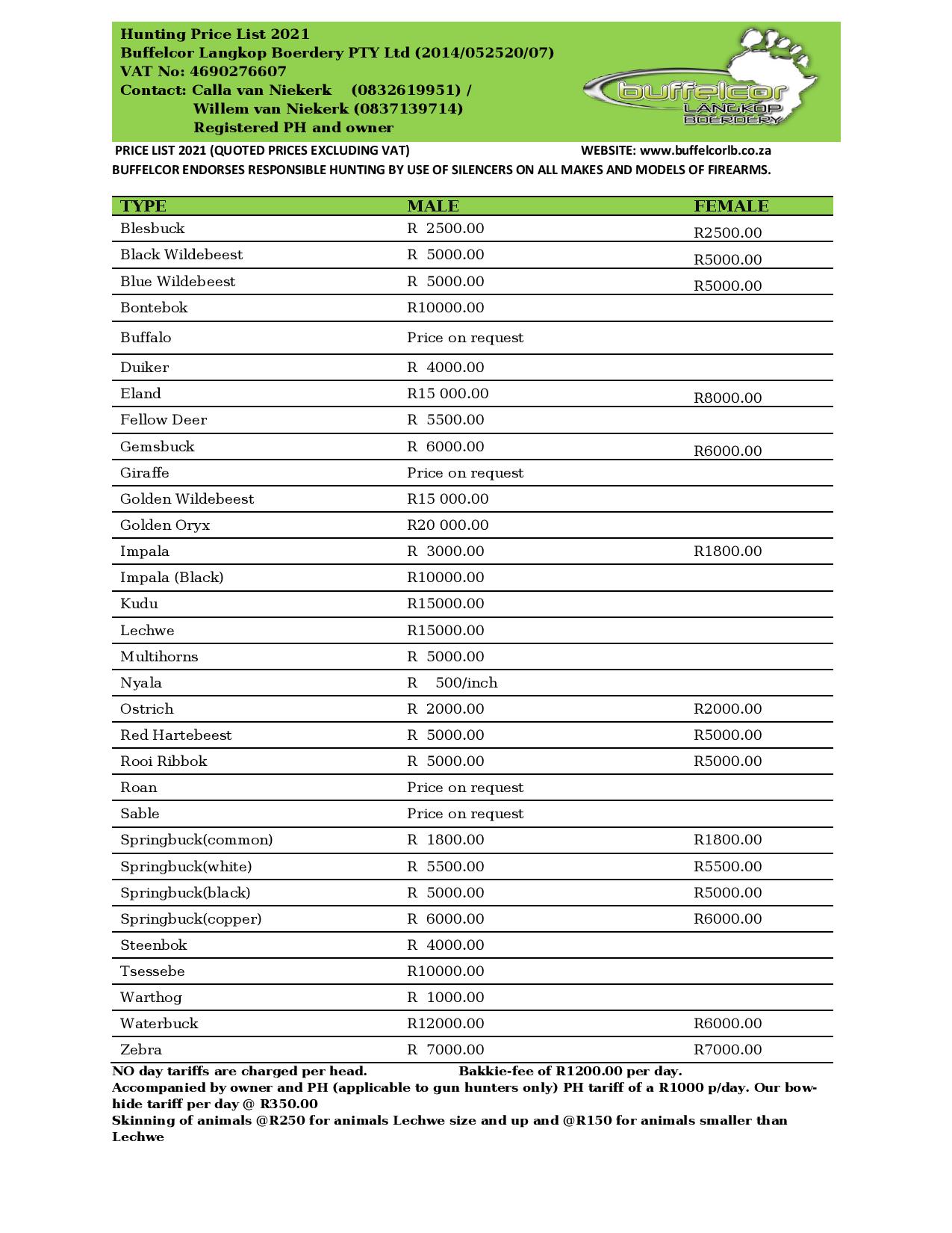 HUNTING PRICE LIST 2021 Buffelcor Langkop Boerdery